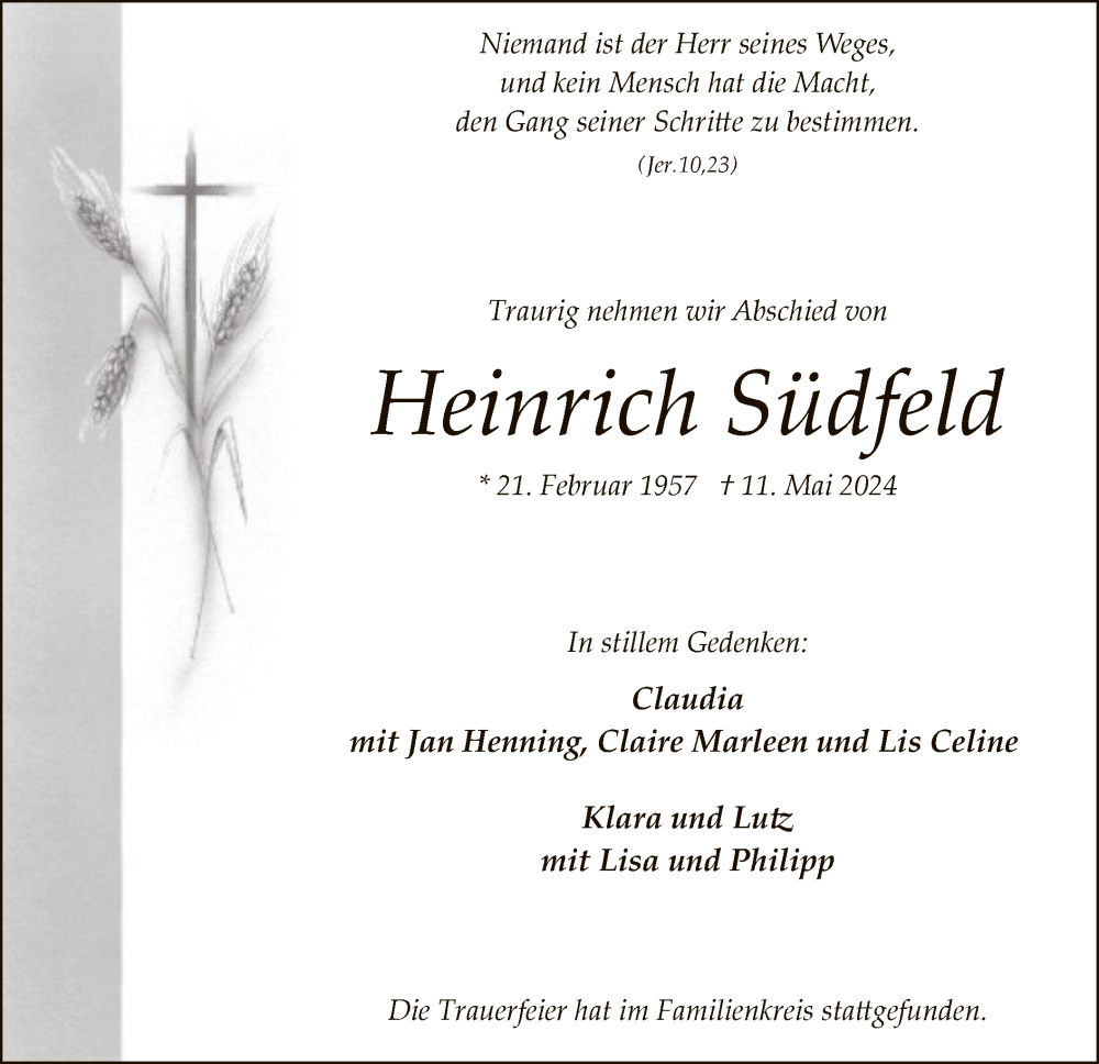 Offizielle Todesanzeige Heinrich Südfeld RV Heessen