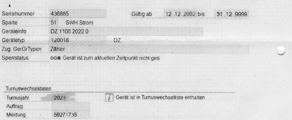 Stromzählerwechsel Hamm Klage: Screenshot aus SAP Anwendung, bereitgestellt von Stadtwerke Hamm über Amtsgericht Hamm