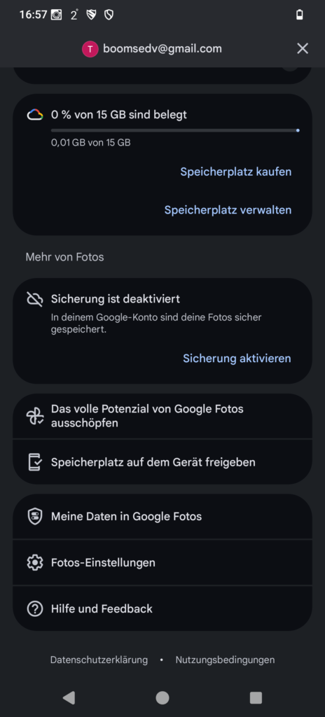 Google Fotos Sicherung deaktivieren Startbildschirm mit Fotos-Einstellungen