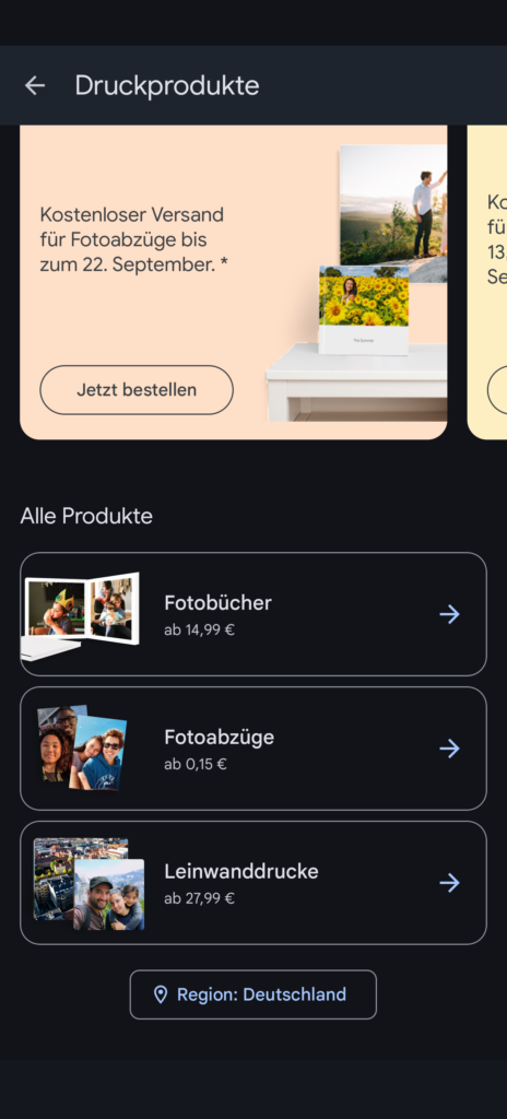 Google Fotos Sicherung deaktivieren: Fotos Statusleisten-Benachrichtigung „Druckprodukte“, zeigt Meldung trotz deaktivierter Cloud-Sicherung auf Android-Smartphone